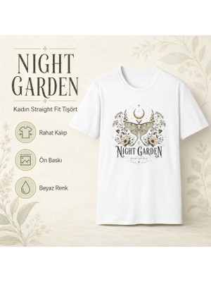 Tişört Kodu Night Garden Kadın Straight Fit Beyaz Tişört – Ay ve Güve Baskılı