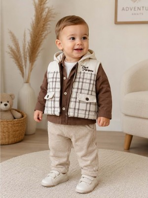 Gültekin Bebe Hippıl Çizgili Keten Pantolonlu Erkek Üçlü Takım 9-24 Aylık -BAY5276620 - Kahverengi