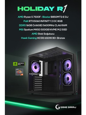 Game Garaj Holiday R1 Amd R5 7500F RTX5060 16GB Ram 500GB SSD Freedos Oyuncu Oem Paket