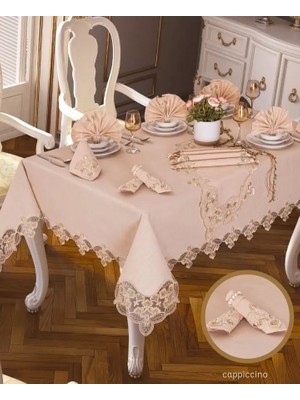 Ceki Home Karanfil Gardenya Keten Yemek Takımı Masa Seti 12 Kişilik 26 Parça 160 × 260 cm Runner Set Kapiçino