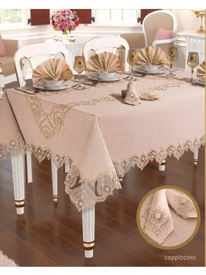 Ceki Home Kartanesi Gardenya Keten Yemek Takımı Masa Seti 12 Kişilik 26 Parça 160 × 220 cm Runner Set Kapiçino