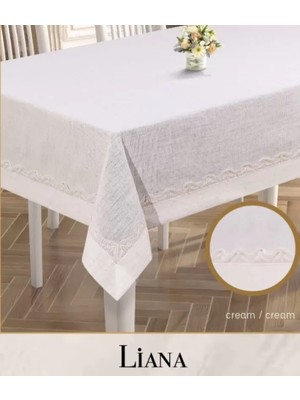 Ceki Home Keten Masa Örtüsü Tablecloth 160x220 cm Dantel Yemek Masası Örtüsü Liana Model Krem