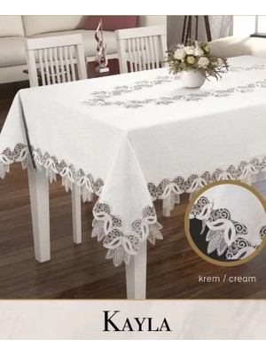 Ceki Home Keten Masa Örtüsü Tablecloth 155x260 cm Dantel Masası Örtüsü Kayla Model Krem