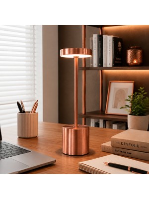 Vien Home Şarjlı Dokunmatik LED Masa Lambası – 3 Renk Işıklı, Modern Metal Gövde, Bakır Renk