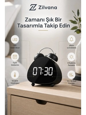 Zilvana Retro Çift Zilli Tasarımlı LED Dijital Çalar Saat – Takvim, Sıcaklık, Gece Modu ve Snooze Özellikli