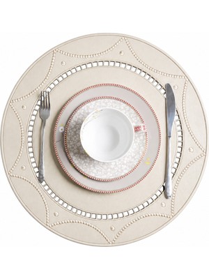 Evien Home Nakışlı Deri Amerikan Servis 2'li Set Çift Taraflı Yuvarlak Supla 42X42 cm Bianca Bej
