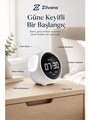 Zilvana Emoji Ekranlı Şarjlı Dijital Çalar Saat – Çift Alarm, Gece Lambası, Type-C Şarj ve Sıcaklık Göstergesi