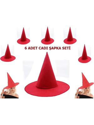 Hobilinka Kırmızı Renk Keçe Cadı Şapkası Yetişkin Çocuk Uyumlu 6 Adet
