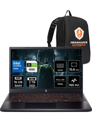 Acer Nitro V 15 Intel Core 7 240H Rtx 4050 6gb 65W 16GB Ram 2tb SSD 15.6" Fhd (1920X1080) IPS 165Hz Freedos NHQV2EY003P310 Gaming Laptop + Per4 Çanta