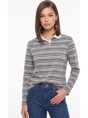 Cemo Polo Yaka Çizgili Uzun Kollu Sweatshirt