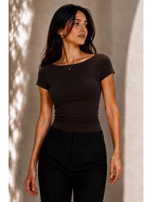 Hayalet Kadın Prenses Yaka Kısa Kollu T-Shirt  Ultra Soft Basic Bluz - Fitted / Dar Kalıp