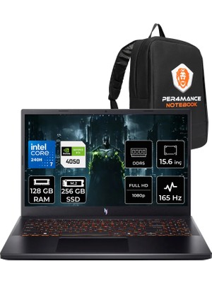Acer Nitro V 15 Intel Core 7 240H Rtx 4050 6gb 65W 128GB Ram 256GB SSD 15.6" Fhd (1920X1080) IPS 165Hz Freedos NHQV2EY003P355 Gaming Laptop + Per4 Çanta