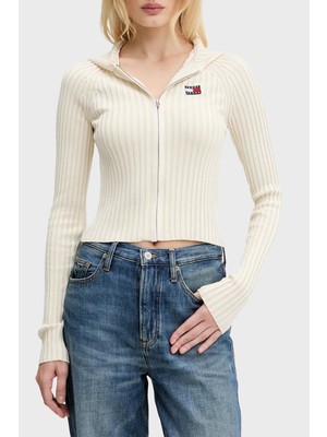 Tommy Jeans Logolu Slim Fit Kapüşonlu Ribana Örgülü Crop Sweat Kadın Kazak DW0DW20974 Ybh