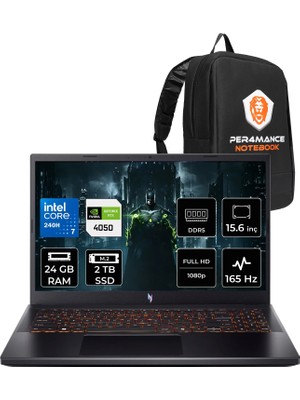 Acer Nitro V 15 Intel Core 7 240H Rtx 4050 6gb 65W 24GB Ram 2tb SSD 15.6" Fhd (1920X1080) IPS 165Hz Freedos NHQV2EY003P316 Gaming Laptop + Per4 Çanta