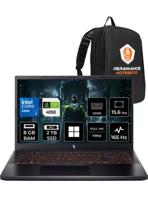 Acer Nitro V 15 Intel Core 7 240H Rtx 4050 6gb 65W 8gb Ram 2tb SSD 15.6" Fhd (1920X1080) IPS 165Hz WIN11 Home NHQV2EY003P304 Gaming Laptop + Per4 Çanta