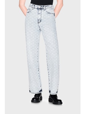 Armani Exchange Bol Kesimli Tamamı Baskılı Yüksek Bel Jeans Kadın Kot Pantolon XW000100 AF25777 FB010