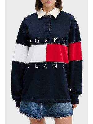 Tommy Jeans Tommy Hilfiger Logolu Pamuklu Oversize Polo Yaka Sweat Kadın Sweat DW0DW22827 C1G