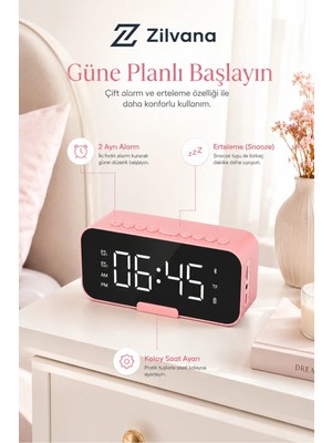 Zilvana Pembe Bluetooth 5.0 Aynalı Masa Saati ve Hoparlör – 2 Alarm, Erteleme, Fm Radyo, Tf Kart ve Dahili Mikrofon