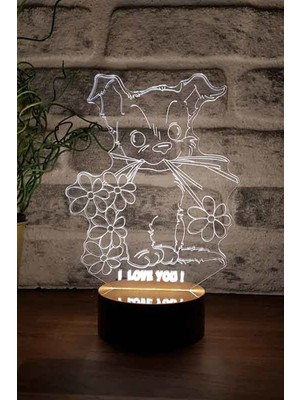 St. Morritz Köpek Figürlü Dekoratif Hediye LED Masa Lambası | 7 Işık Rengi | Ahşap Taban