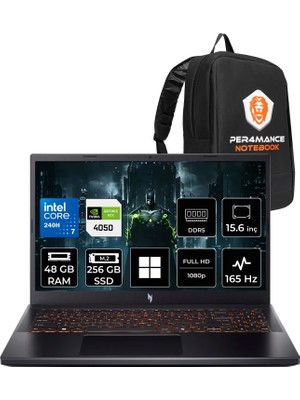Acer Nitro V 15 Intel Core 7 240H Rtx 4050 6gb 65W 48GB Ram 256GB SSD 15.6" Fhd (1920X1080) IPS 165Hz WIN11 Home NHQV2EY003P331 Gaming Laptop + Per4 Çanta
