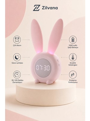 Zilvana Sevimli Tavşan LED Dijital Çalar Saat – Şarjlı Gece Lambası, Çift Alarm, 30/60 Dakika Zamanlayıcı, Termometre ve Geri Sayım