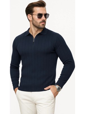 Erkek Slim Fit Polo Yaka Fermuarlı Fitilli Triko Kazak - 4001