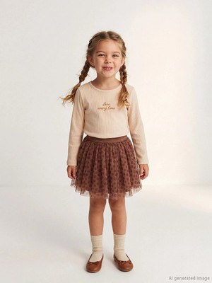 LC Waikiki Lcw Kids Bej Kız Çocuk Baskılı Bluz ve Etek