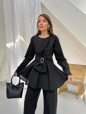 Hatun Atila Kadın Gold Tokalı Fiyonk Detaylı Peplum Bluz Bol Paça Pantolonlu Takım 3152 - Lacivert