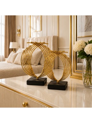 Vien Home 2'li Gold Yelpaze Modern Dekoratif Obje Seti – Siyah Kaideli Metal Salon & Ofis Masa Üstü Dekoru