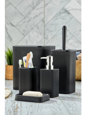 St. Morritz Palermo Kare Çizgi Model 5'li Banyo Seti Gold Detaylı Sabunluk Siyah