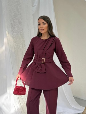 Hatun Atila Kadın Gold Tokalı Fiyonk Detaylı Peplum Bluz Bol Paça Pantolonlu Takım 3152 - Bordo