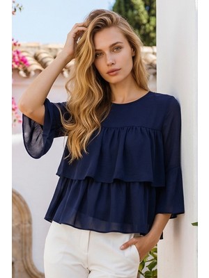 Olsa Moda Kadın Önü Kat Kat Truvakar Kollu Dokuma Kumaş Relaxed Fit Bluz