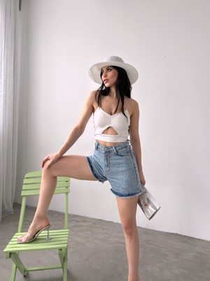 Paçası Püsküllü Desenli Denim Şort - Buz Mavi - 38