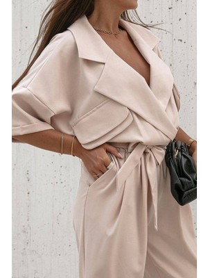 Olsa Moda Kadın Cep Detaylı Kuşaklı Gömlek Yaka Tulum