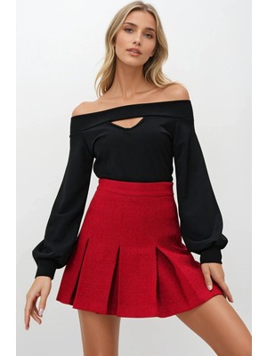 Olsa Moda Kadın Cut Out Detaylı Kayık Yaka Esnek Kumaş Balon Kol Bluz