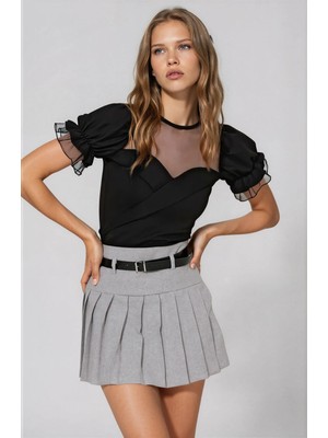 Olsa Moda Kadın Tül Garnili Prenses Kol Esnek Kumaş Bluz