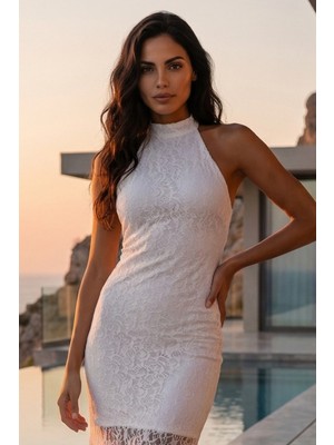 Olsa Moda Kadın Halter Yaka Sırt Dekolteli Premıum Esnek Dantel Kumaş Astarlı Balo Mezuniyet Davet Elbisesi