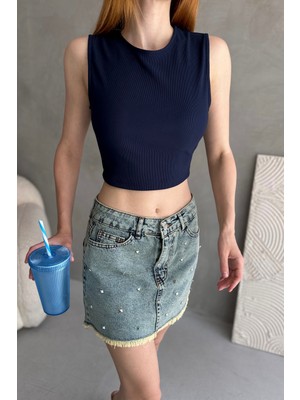 Sırtı Kemer Detaylı Kaşkorse Crop Bluz - Lacivert - M