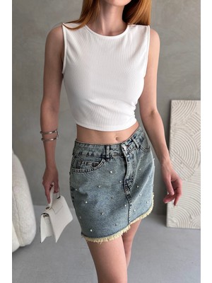 Sırtı Kemer Detaylı Kaşkorse Crop Bluz - Beyaz - M