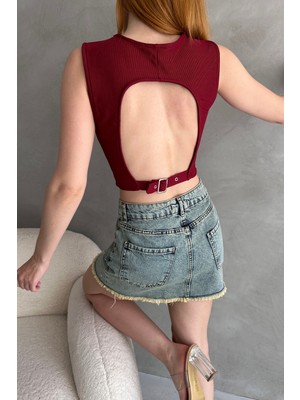 Sırtı Kemer Detaylı Kaşkorse Crop Bluz - Bordo - L
