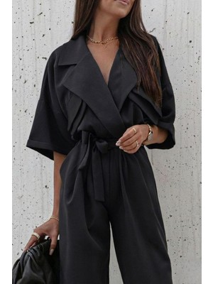Olsa Moda Kadın Cep Detaylı Kuşaklı Gömlek Yaka Tulum