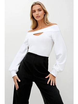 Olsa Moda Kadın Cut Out Detaylı Kayık Yaka Esnek Kumaş Balon Kol Bluz