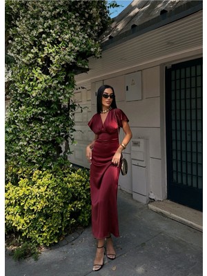 Olsa Moda Kadın V Yaka Pileli Saten Midi Elbise