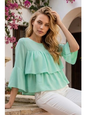 Olsa Moda Kadın Önü Kat Kat Truvakar Kollu Dokuma Kumaş Relaxed Fit Bluz