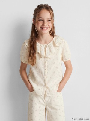 LC Waikiki Lcw Kids Bej Fırfırlı Yaka Çiçek Baskılı Kız Çocuk Gömlek