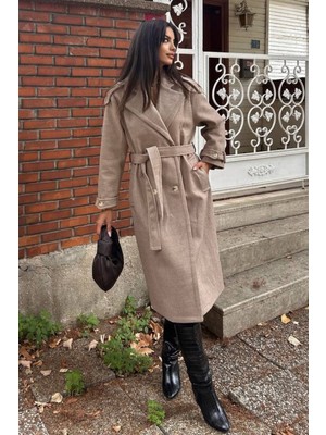 Olsa Moda Kadın Kuşaklı Kruvaze Kesim Midi Boy Astarlı Kaşe Kaban