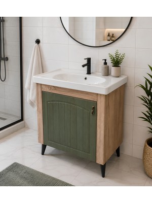 Turkuaz Lavabolu 80 Cm Yeşil Membran Kapaklı Banyo Dolabı