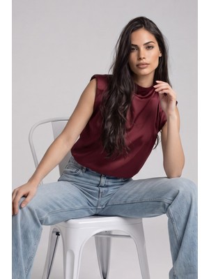 Olsa Moda Kadın Vatkalı Degaje Yaka Balon Kesim Saten Bluz