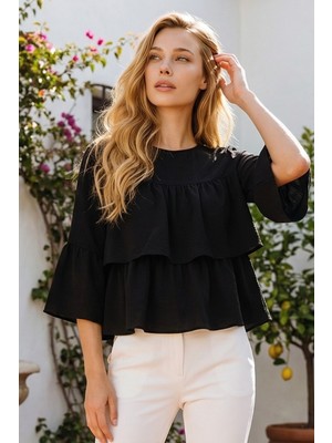Olsa Moda Kadın Önü Kat Kat Truvakar Kollu Dokuma Kumaş Relaxed Fit Bluz