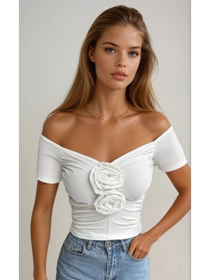 Olsa Moda Kadın Gül Detaylı Düşük Omuz Örme Kumaş Bluz